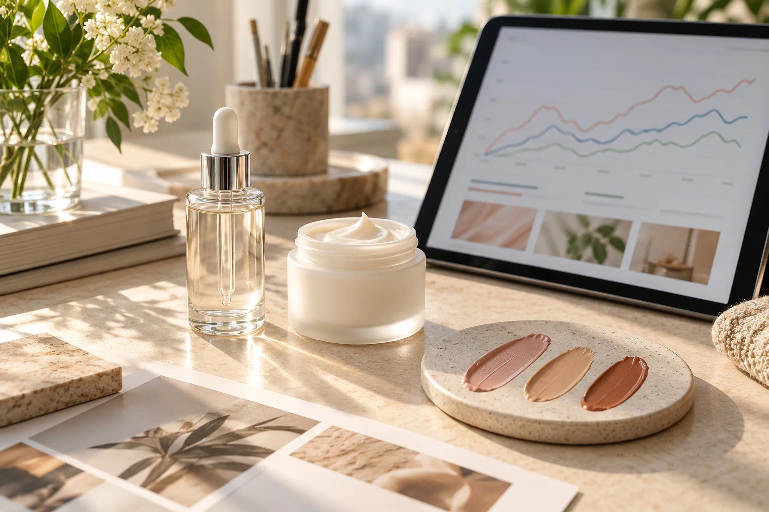 A serum bottle, moisturizer jar, tinted cosmetic swatches, and a tablet suggest a beauty product development brief.