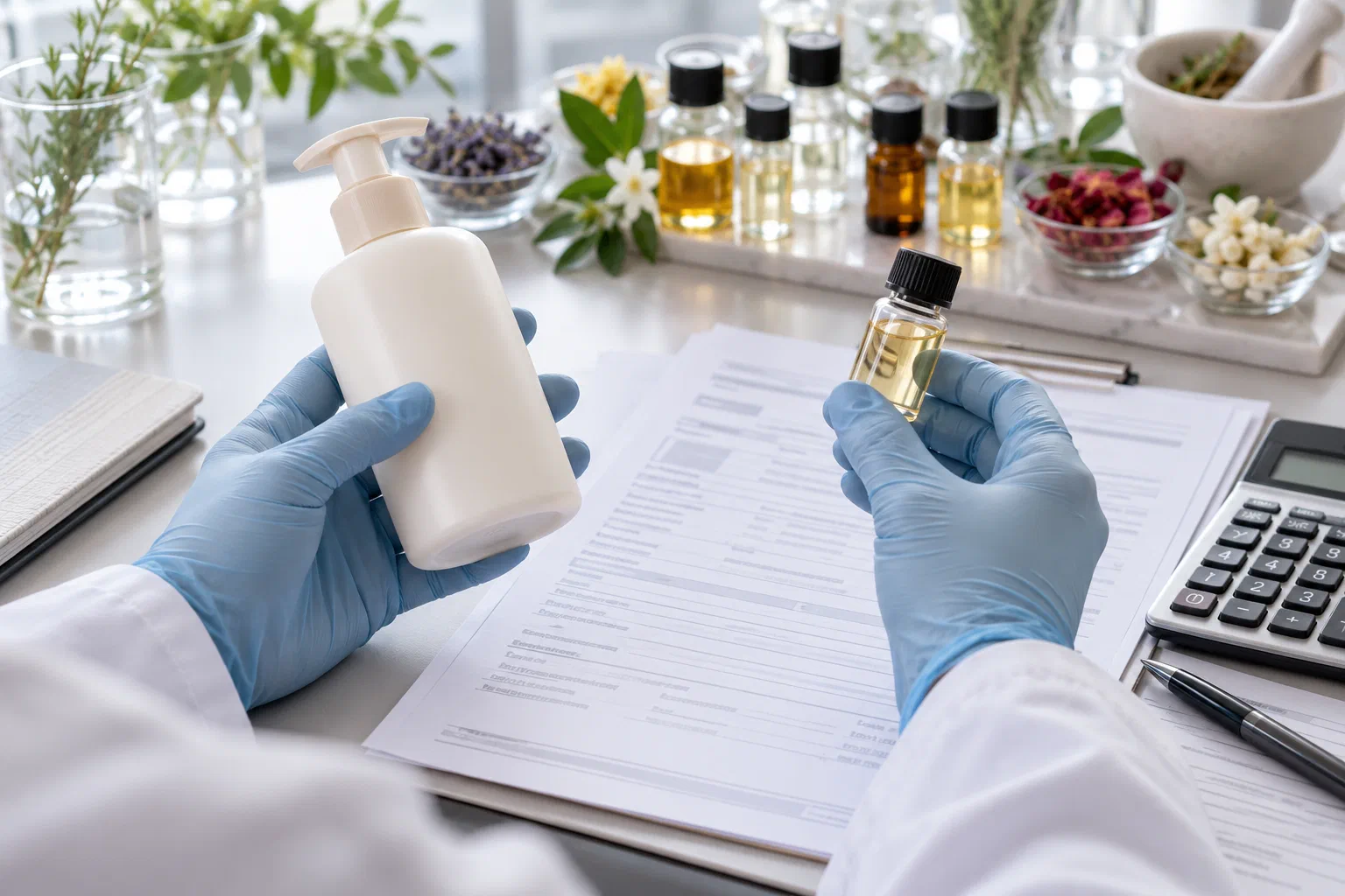 An assessor compares a cosmetic bottle, fragrance sample, ingredient documents, and calculator.